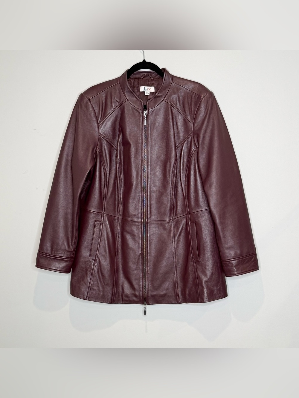 Denim & Co. deep burgundy zip up leather jacket